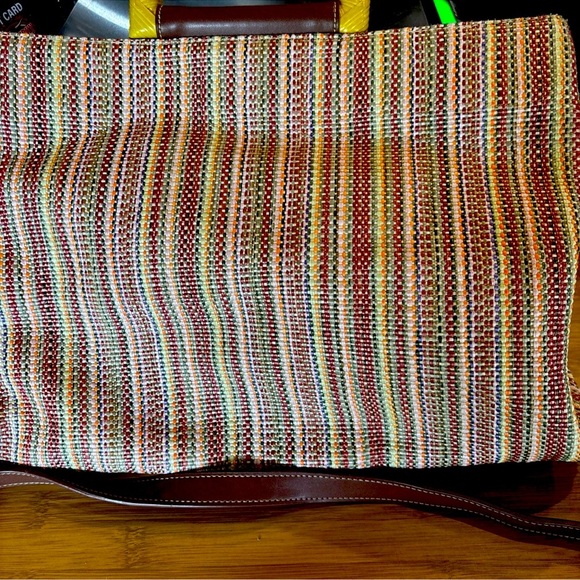 Fossil Handcrafted  Bag 14”L 11”H Wood Handles & Shoulder Strap Weave Multicolor - Picture 4 of 13